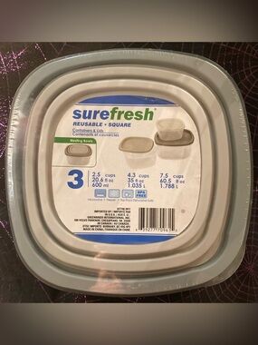 6pc SureFresh Reusable Square Nesting Containers set: 3 Tops, 3 Bottoms